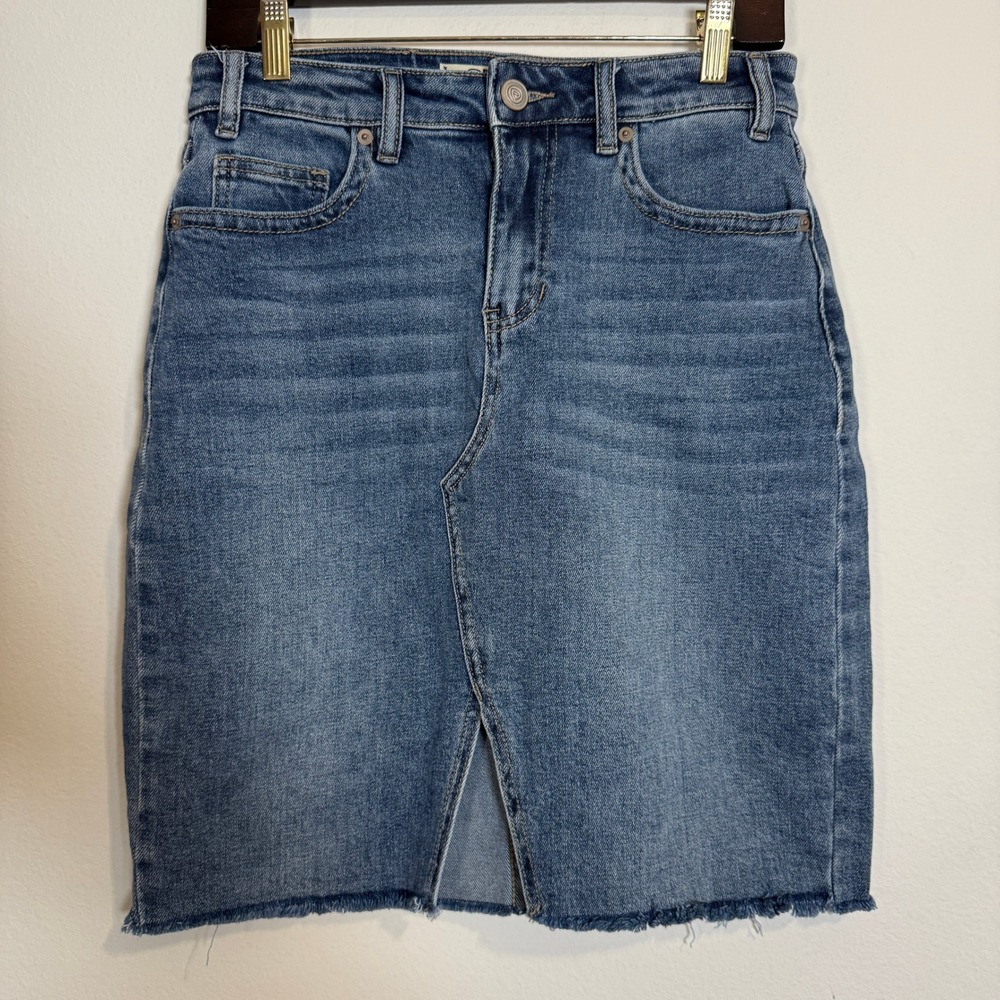 Rock &‎ Roll Denim Skirt High Rise Frayed Hem Stretch Blue Women's 26
